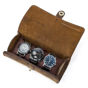 Handcrafted Leather 3-Slot Watch Roll Case