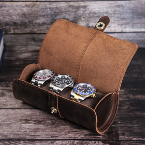 Handcrafted Leather 3-Slot Watch Roll Case