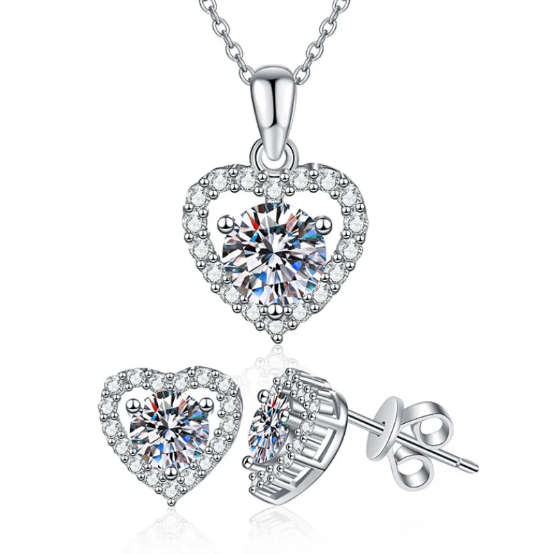 1 Carat moissanite heart-shaped necklace and stud earrings set in S925 sterling silver for women, ideal for Valentine's Day, romantic gifts, and anniversary presents