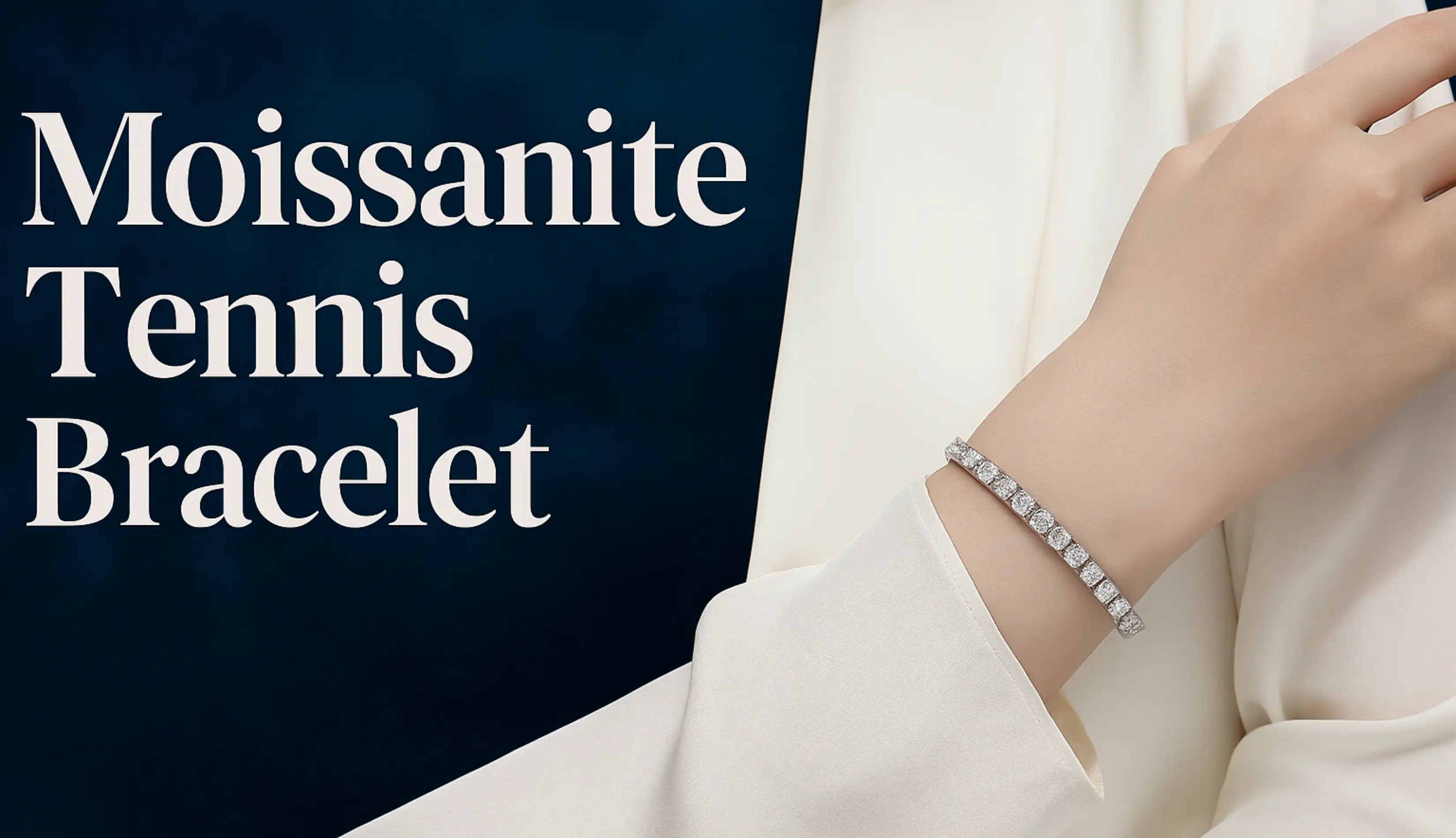 A sparkling Luma Moissanite tennis bracelet on a model's wrist, showcasing brilliant moissanite stones set in 925 sterling silver.