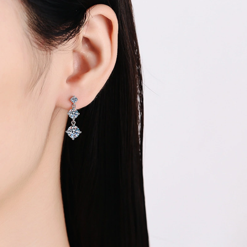 Classic 3 Stone Moissanite Stud Drop Earrings 3.2 Carat D Color Sterling Silver Luxury Jewelry for Women – Luma Moissanite