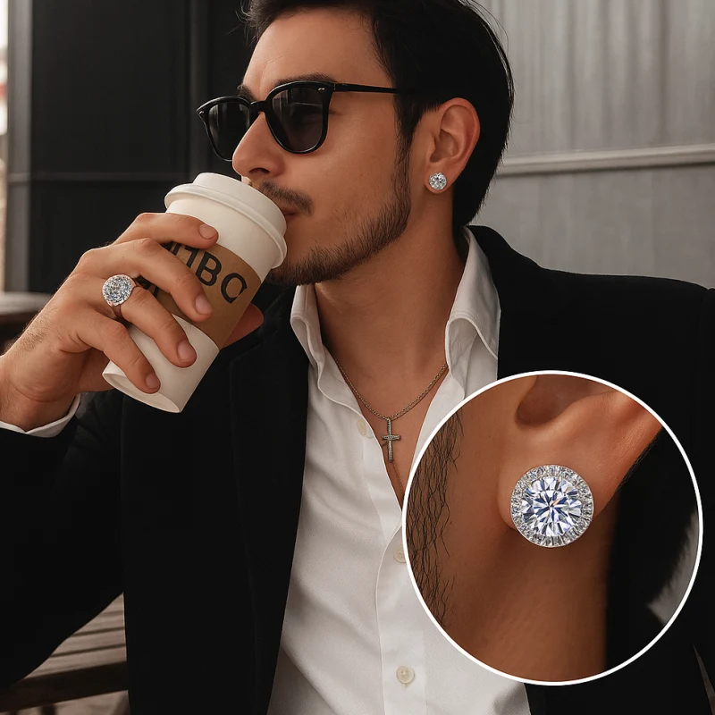 Men’s Classic 4-Prong Round Moissanite Stud Earrings in S925 Sterling Silver by Luma Moissanite, Luxury Jewelry for Men