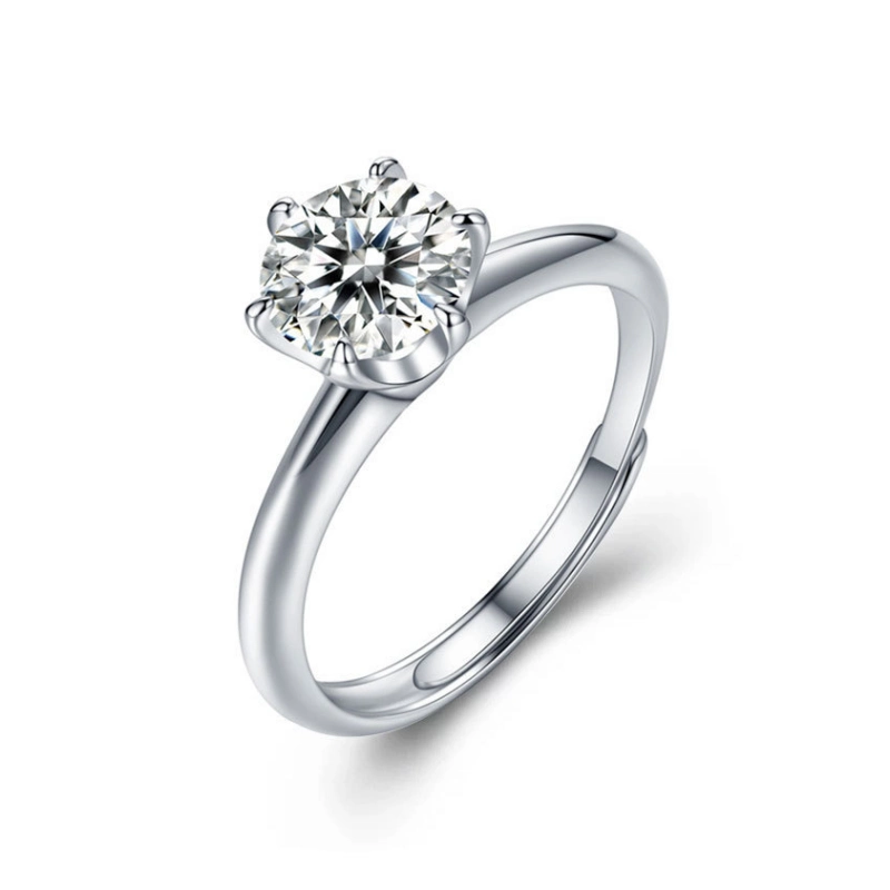Adjustable 6-prong moissanite engagement ring in sterling silver with 1–3 carat stones by Luma Moissanite, featuring minimalist design for weddings, proposals, or elegant gifting
