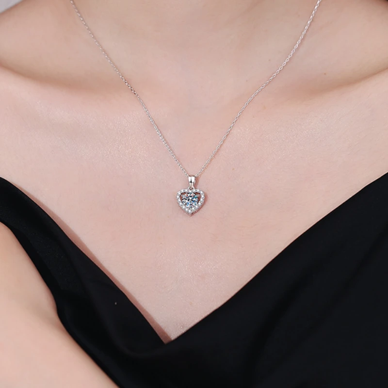 1 carat heart-shaped moissanite pendant necklace with matching S925 sterling silver stud earrings, luxury romantic jewelry set for women, perfect gift for Valentine’s Day, anniversary, wedding, or special occasions