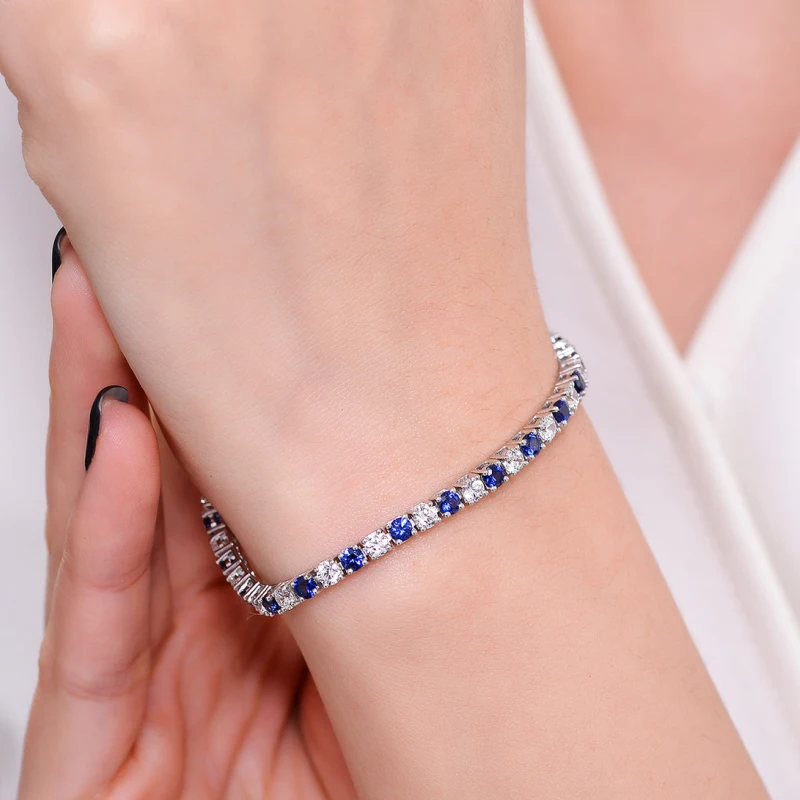 Luxury 3mm Lab Created Blue Sapphire Tennis Bracelet in 925 Sterling Silver – Elegant Jewelry Gift for Women by Luma Moissanite